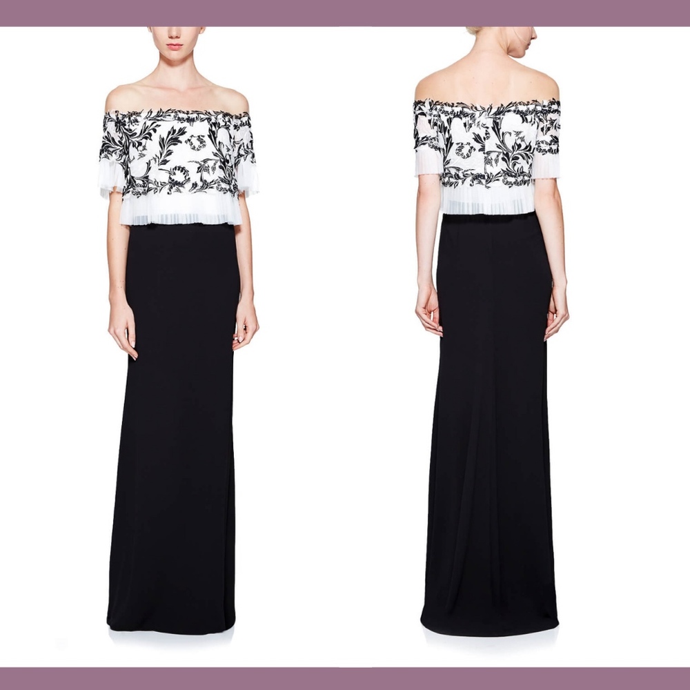 NEW $408 Tadashi Shoji Lina Bodice Off the Shoulder Gown Black [‎ SZ 00 ]